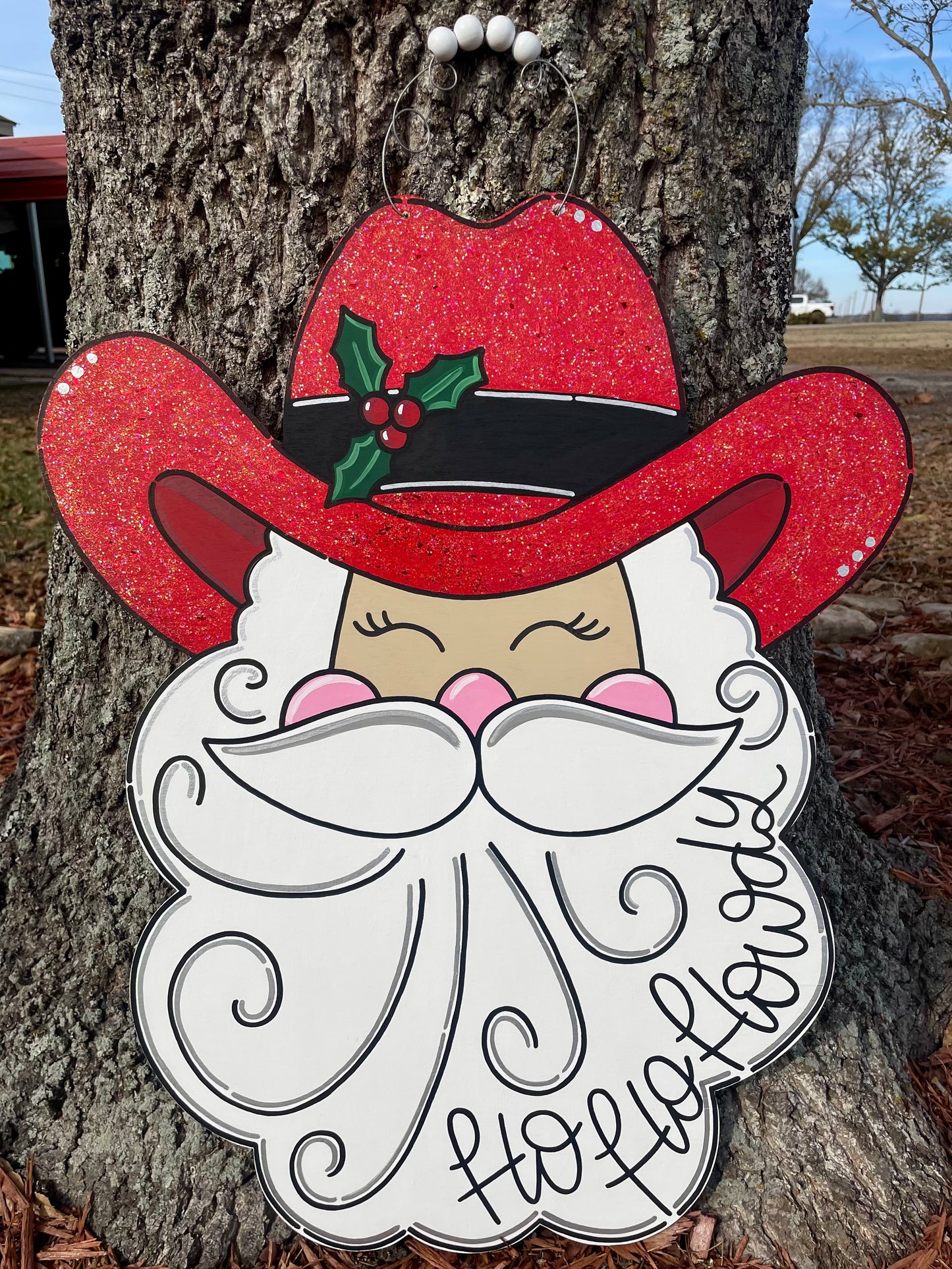 Red Glitter Cowboy Hat Santa Christmas Door Hanger