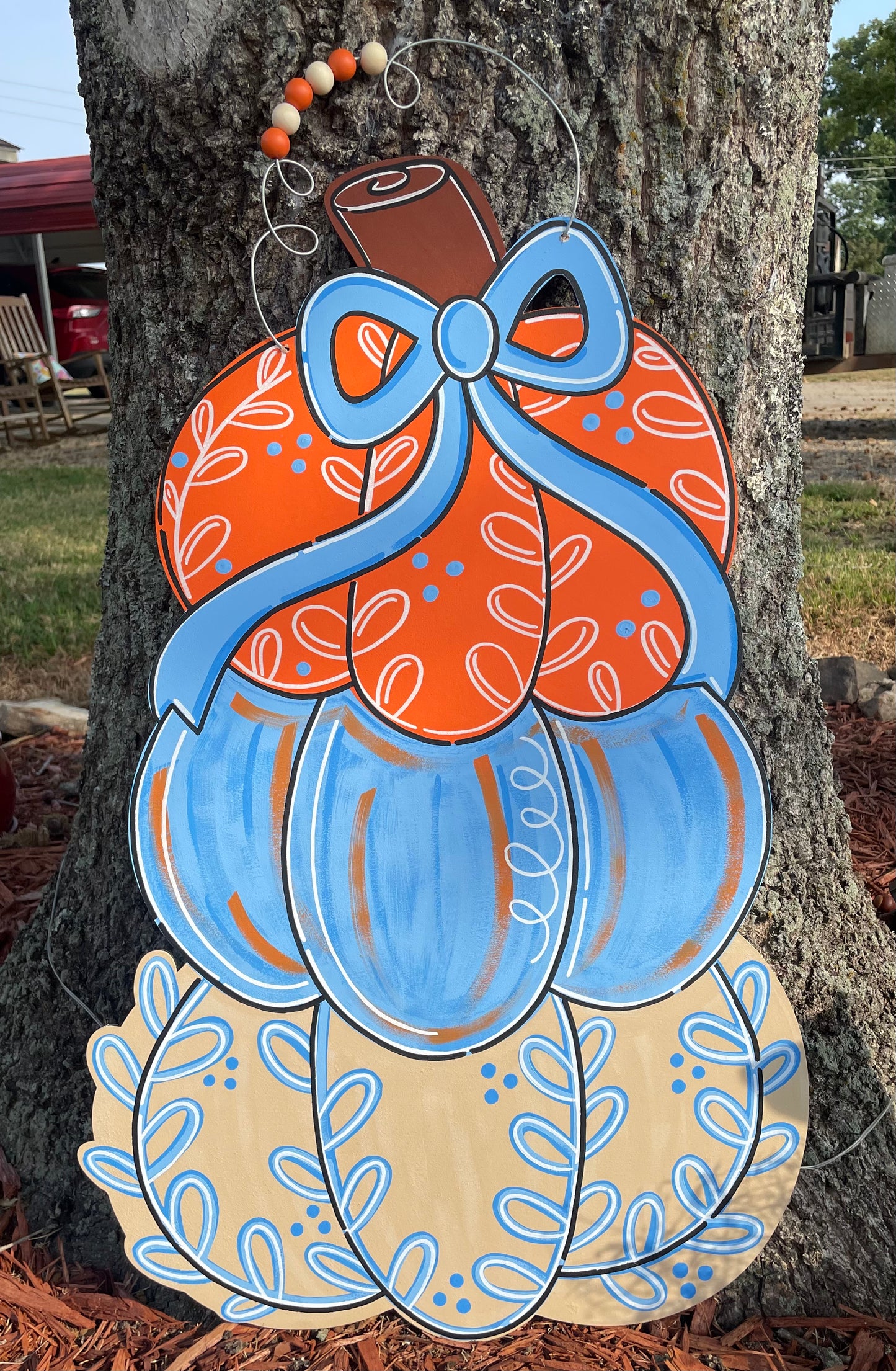 Stacked Pumpkins Blue Orange Fall Door Hanger - Oversized