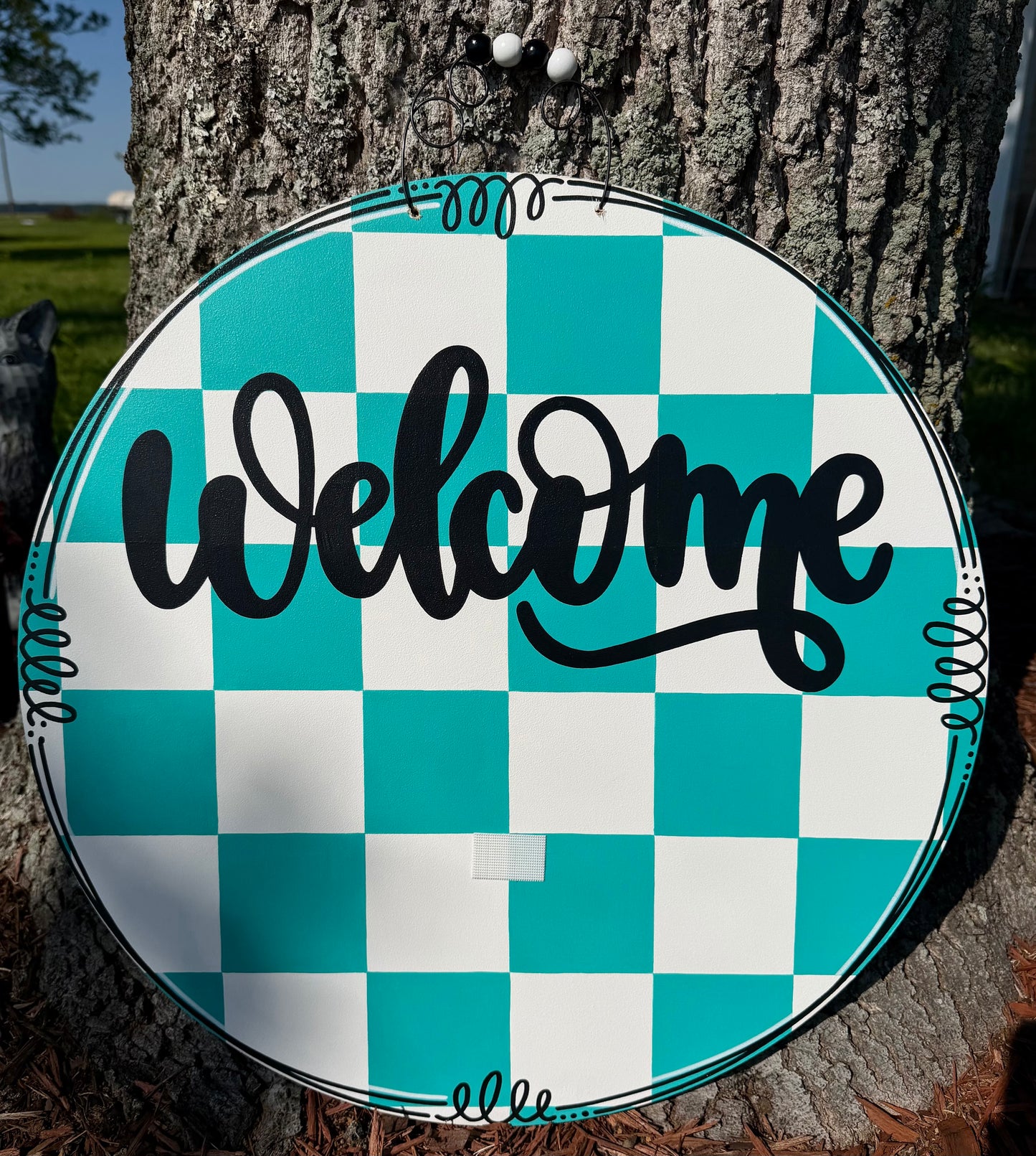Teal Checkerboard Welcome Door Hanger for Attachments