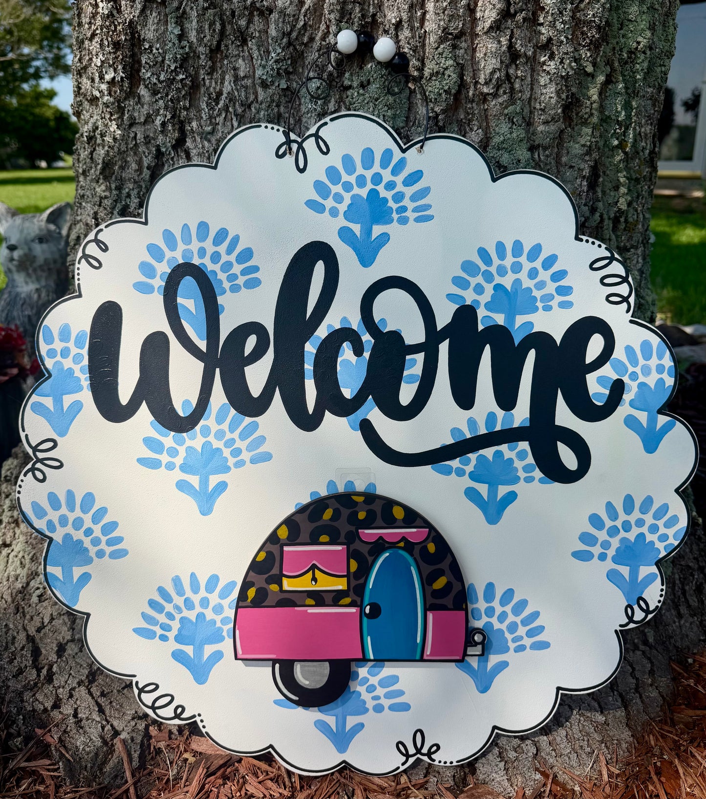 Blue Block Print Welcome Door Hanger for Interchangeable Attachments