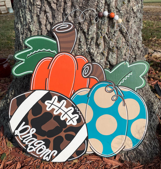 Custom Fall Football Pumpkins Door Hanger
