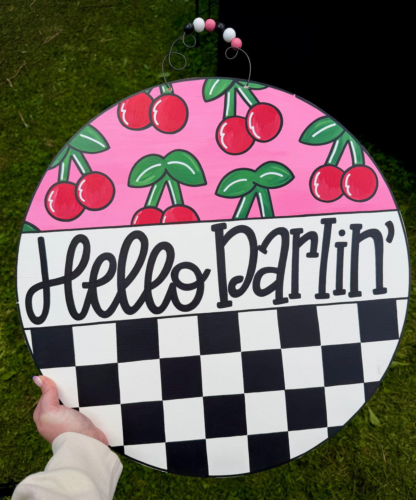 Hello Darlin Checkerboard Cherries Door Hanger