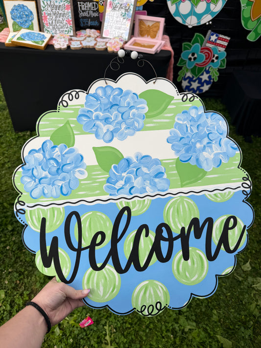 Blue Hydrangeas Polka Dot Welcome Door Hanger