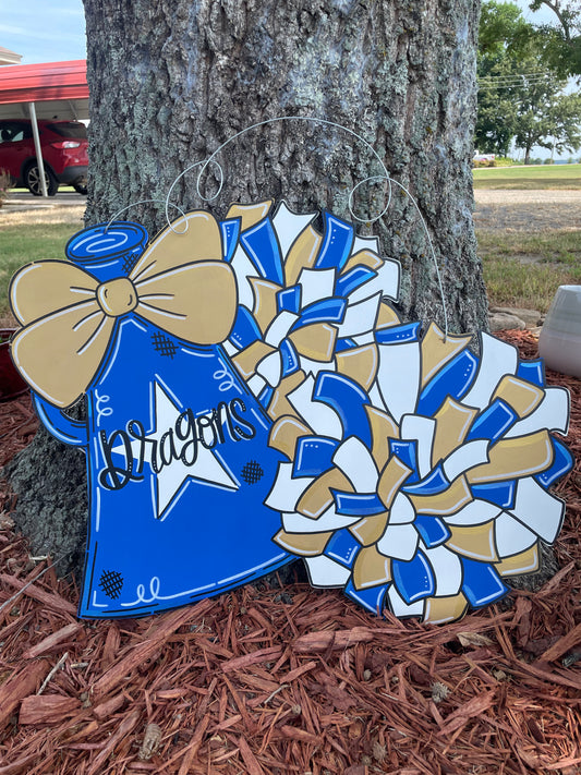 Custom School Mascot Cheerleading Megaphone Pom Poms Door Hanger