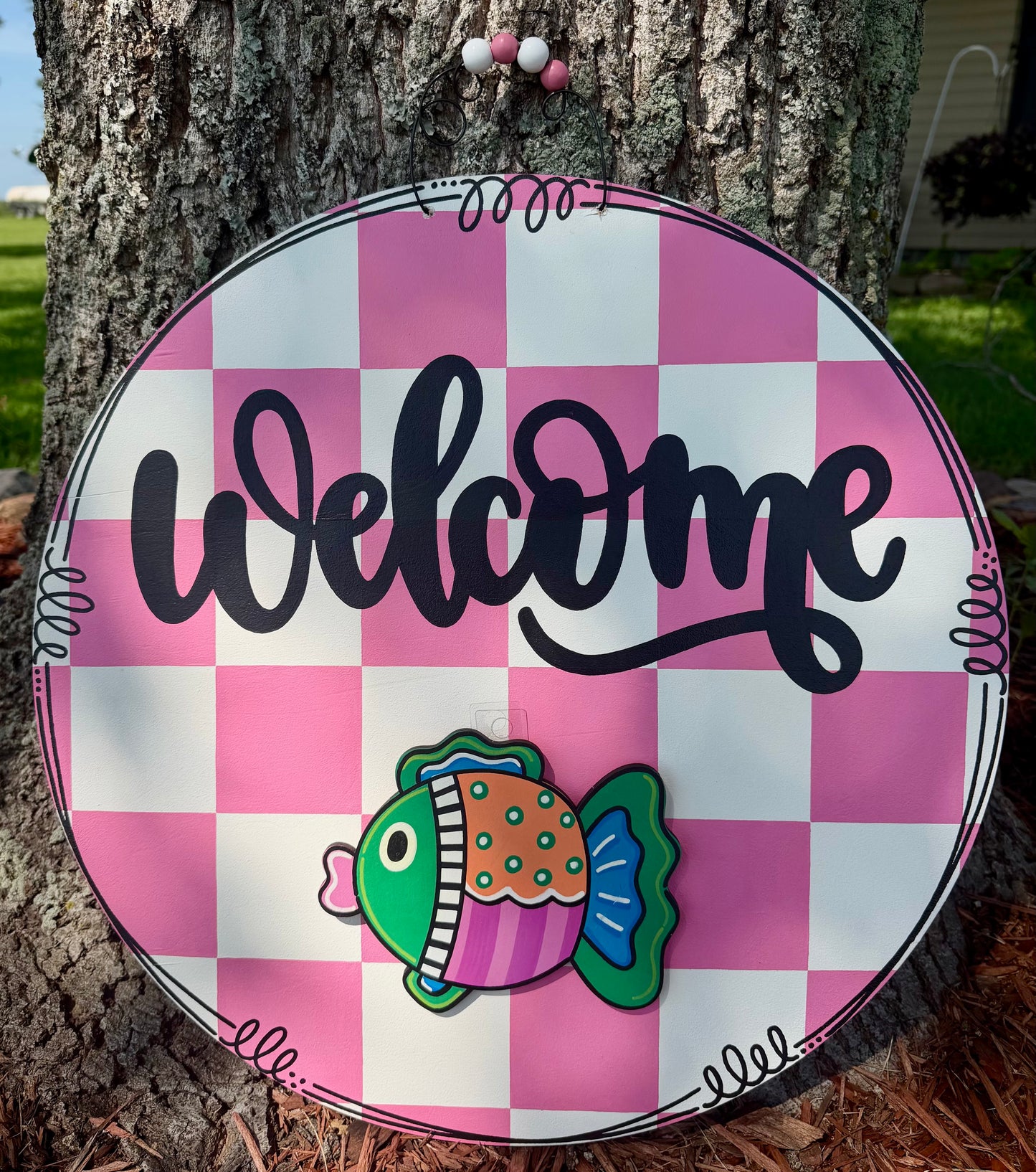 Pink Checkerboard Welcome Door Hanger for Attachments