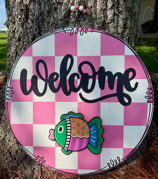 Pink Checkerboard Welcome Door Hanger for Attachments