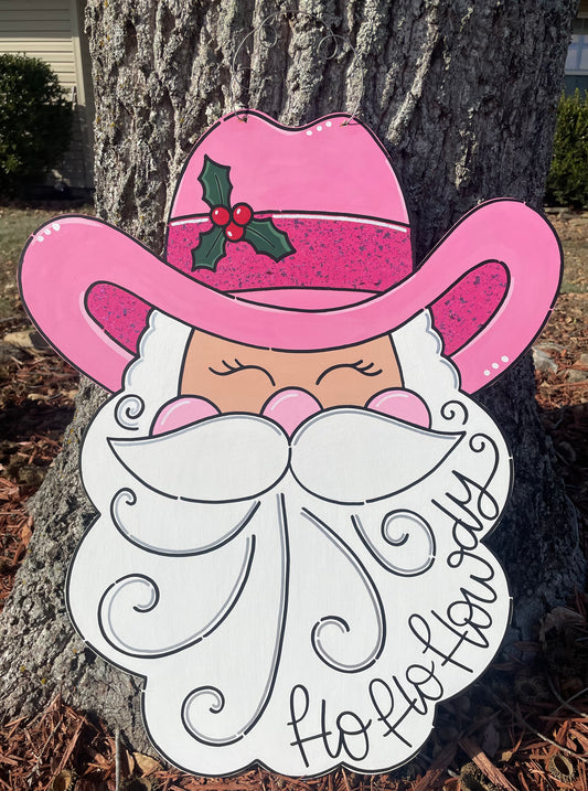 Pink Glitter Cowboy Hat Santa Christmas Door Hanger