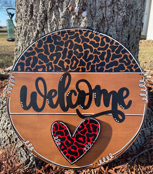 Round Stained Wood Leopard Welcome Door Hanger for Attachments