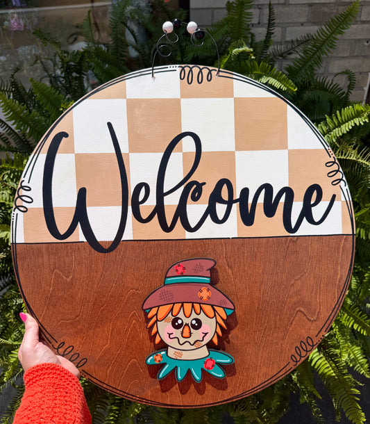 Round Tan Checkerboard and Stained Wood Door Hanger