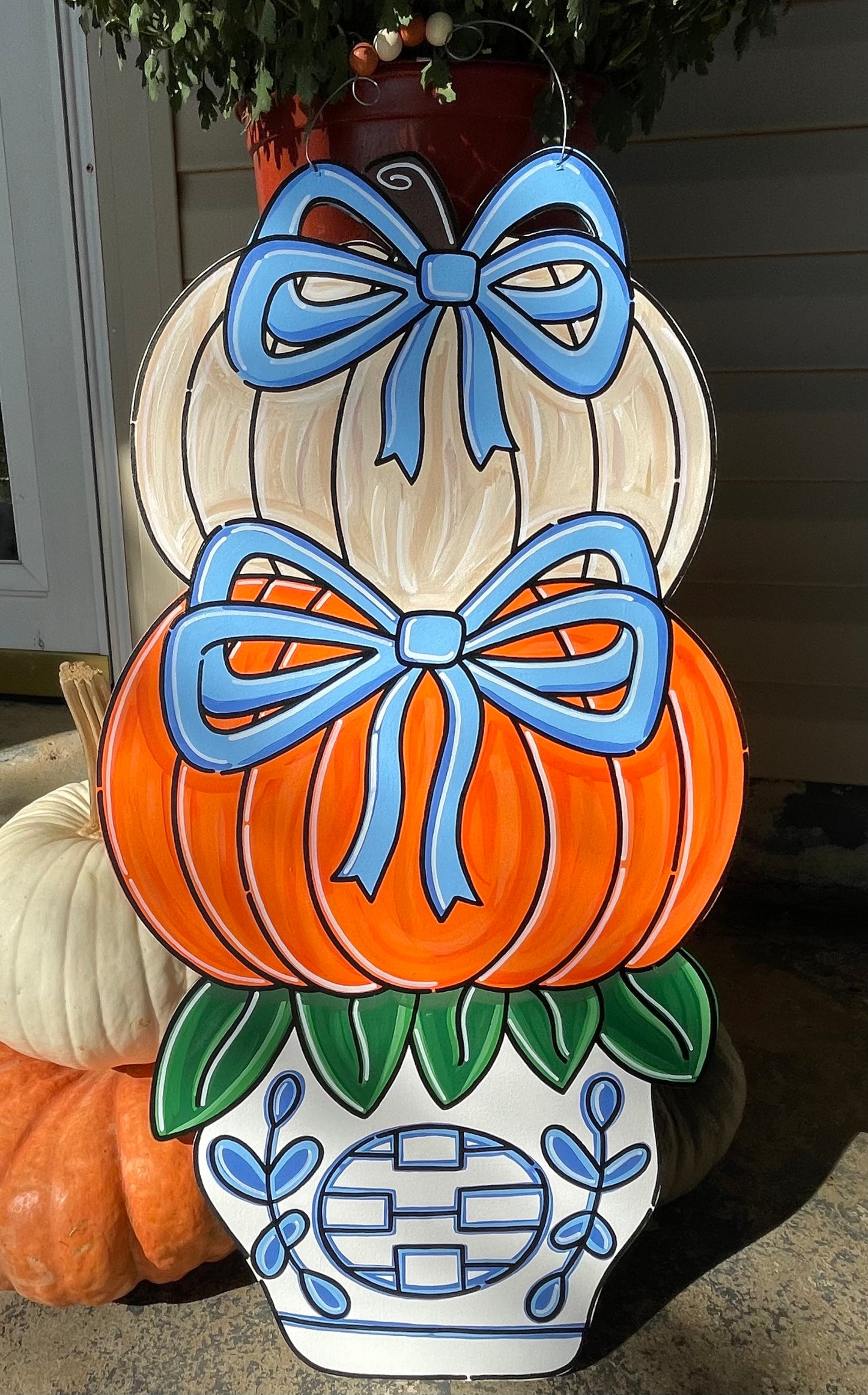 Stacked Pumpkins Blue White Chinoiserie Vase Fall Door Hanger - Oversized