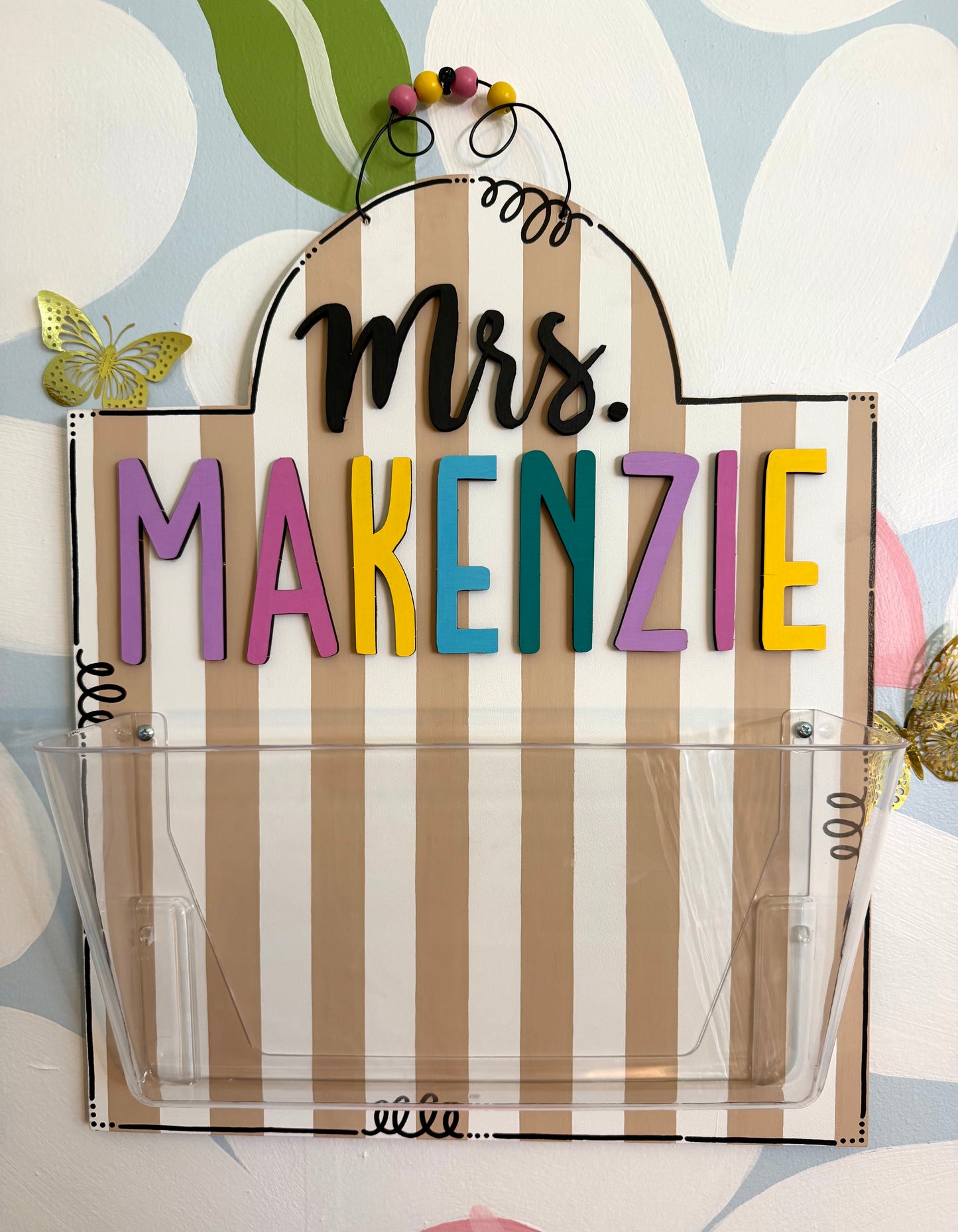 Striped Teacher Wall Pocket Door Hanger with 3D Name