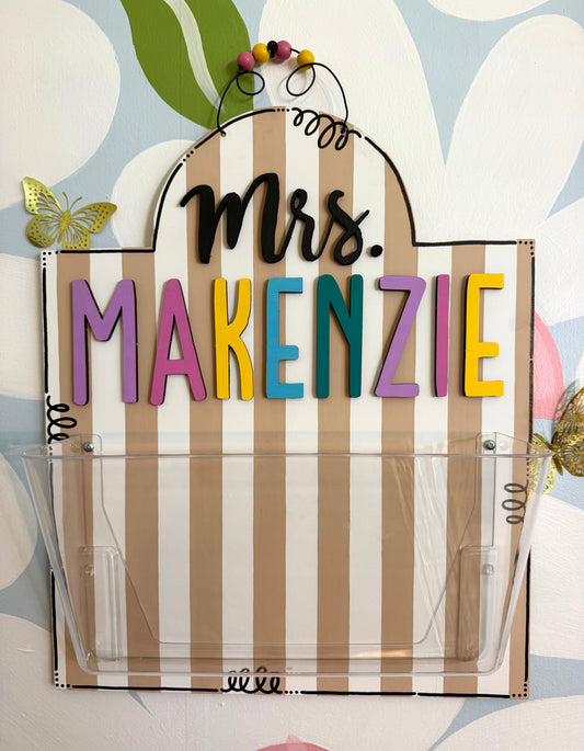Striped Teacher Wall Pocket Door Hanger with 3D Name