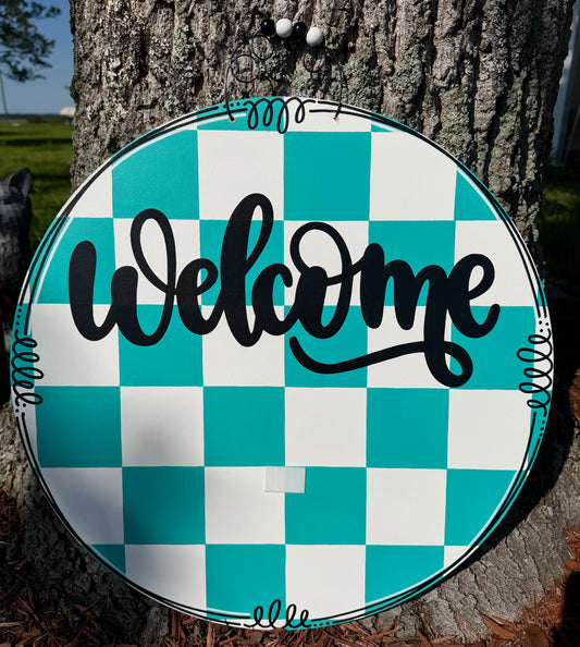 Teal Checkerboard Welcome Door Hanger for Attachments