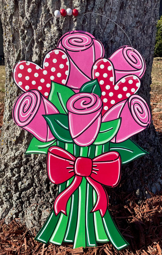Valentine's Day Pink Rose Bouquet Door Hanger
