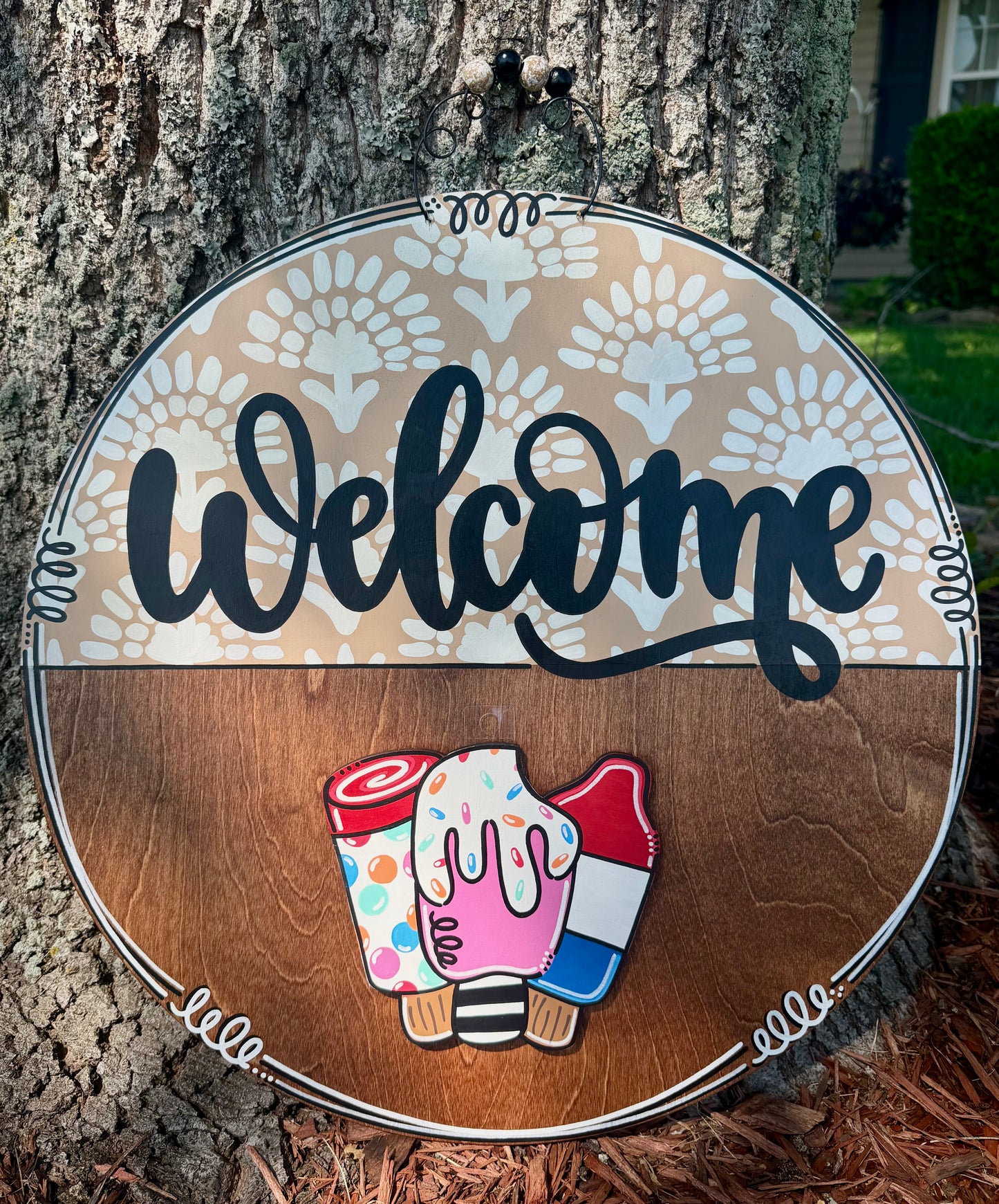 Floral Block Print and Stained Wood Welcome Door Hanger for Attachments